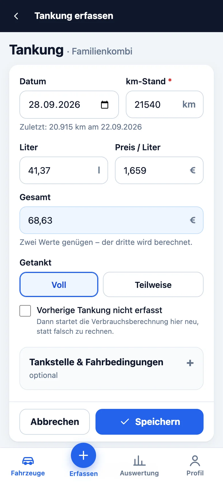 Tankung erfassen – Betrag wird berechnet